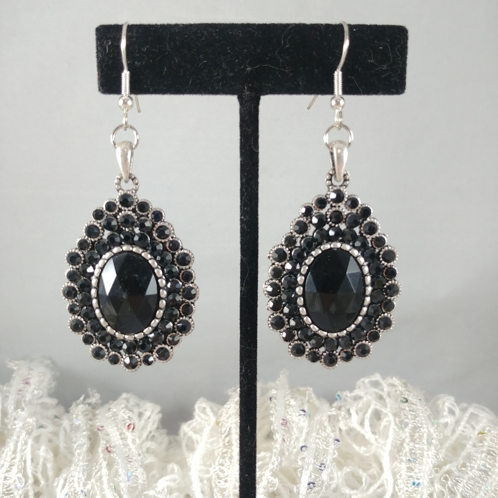 Black rhinestone silver tone earrings
